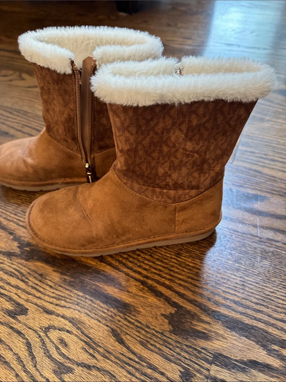 Michael Kors Chestnut Suede Kids Boots with White Faux-Fur Cuff